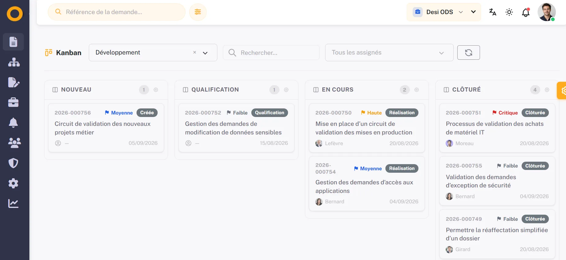 Vue Kanban Odeemy des demandes par statut
